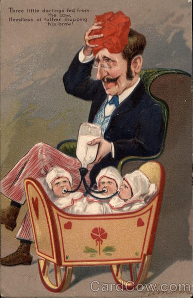 Man Feeding Three Babies In Cradle