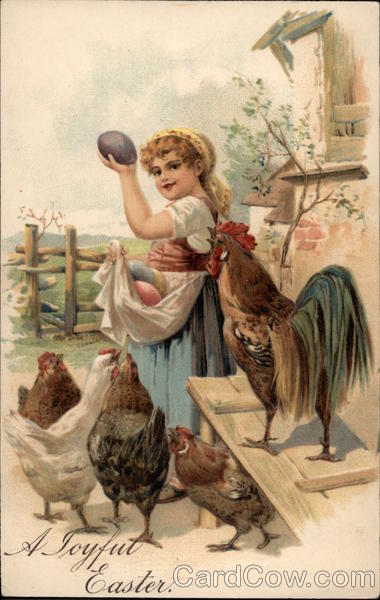 Girl with Eggs and Chickens With Children