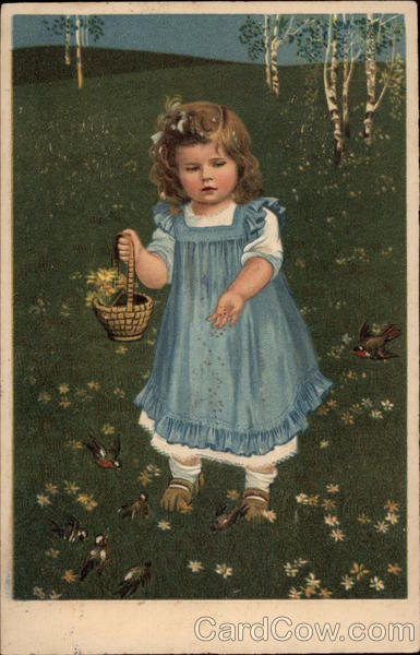 Girl in Blue Pinafore Feeding Birds in a Field Girls
