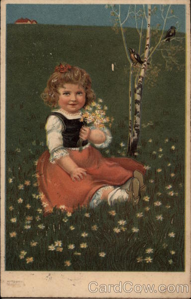 Little Girl Holds Bouquet of Field Flowers Children