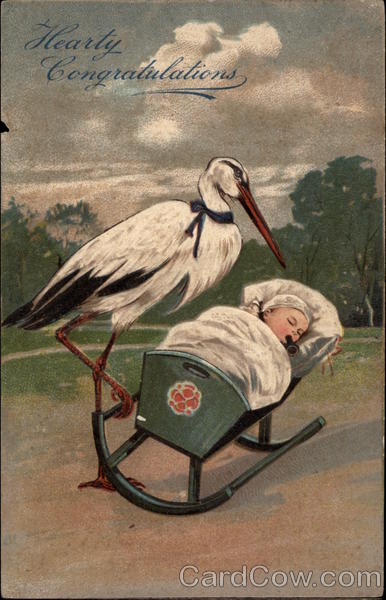 Stork Rocking a Baby in a Cradle Storks