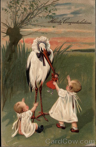 Stork with Doll and Two Babies Storks