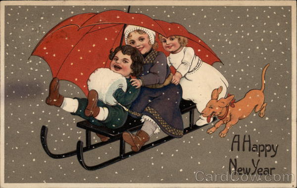 Three Children with Red Umbrella on a Toboggan with a Dog