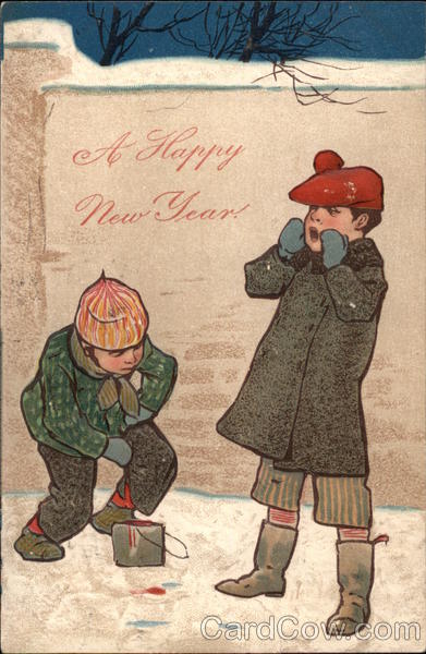 Two Boys Play in Snow Children