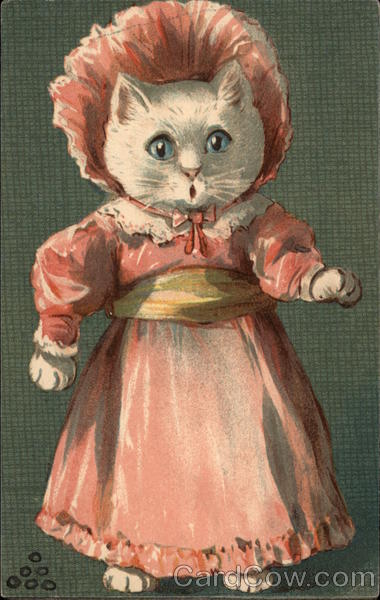 White Kitten in Pink Dress and Bonnet Cats