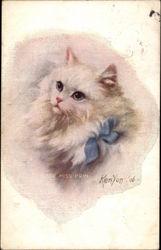 Fluffy White Cat with Blue Bow Cats Postcard Postcard