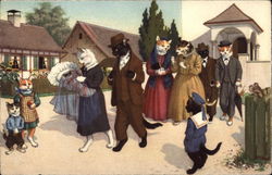 Cats Dressed as People Walking in Town Postcard Postcard