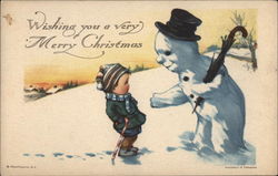 Little Boy and Snowman with Umbrella Snowmen Postcard Postcard