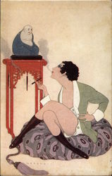 Woman with Cigarette Holder and Buddha Statue Postcard