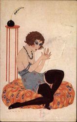 Woman in Lingerie on a Cushion, Smoking Postcard