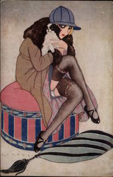 Woman in Stockings, Coat and Hat with Dog on an Ottoman Postcard