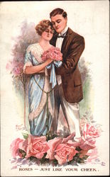 Couple with Bouquet of Pink Roses Postcard
