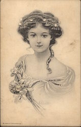 Bust of Young Woman with Flowers Postcard