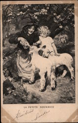 Woman and Child Feeding Lambs Postcard Postcard