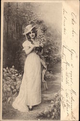 Woman in white dress holding flowers Postcard