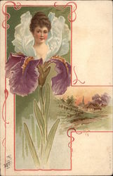 Young Woman In Iris Flower Postcard