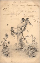 Woman Holding String of Flowers Postcard