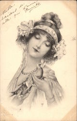 Young Woman Holding Birds Postcard