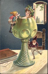 Elves and Woman in Wine Glass Postcard
