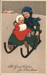Two Girls on Black Toboggan Postcard