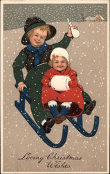 Two Children on Blue Toboggan Postcard Postcard