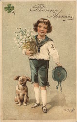 Boy in Sailor Suit with Flowers and Dog Children Postcard Postcard