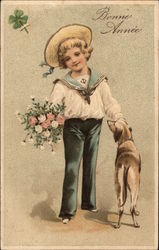 Boy in Sailor Suit with Dog and Flowers Children Postcard Postcard