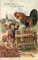 With Best Easter Wishes - Children and Rooster Postcard