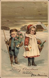 Loving Christmas Wishes - Children with Gifts Postcard Postcard