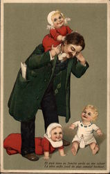 Father With Three Babies Postcard