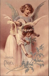 Two Angels Playing Music and Picking Holly Postcard Postcard