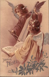 Two Angels Playing Instrument and Singing Postcard