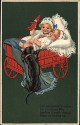 Two Children in Wagon Postcard