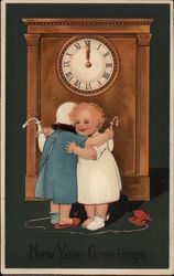 Children Hug as Clock Strikes the New Year Postcard