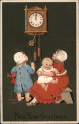 Children Wait for a Grandfather Clock to Strike Midnight Postcard Postcard