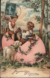 Joyeuses Paques - Children with Giant Egg and Lamb Postcard