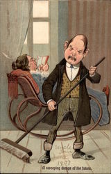Man Sweeps Room While Woman Reads in a Chair Postcard