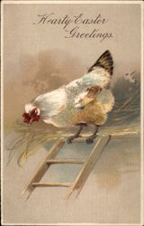 Hearty Easter Greetings - Chicken and Ladder Postcard