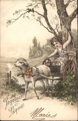 Joyeuses Paques - Child with Sheep and Cart Postcard