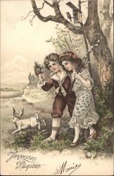 Two Children Walking in Forest With Rabbit Postcard