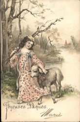 Child with Lamb by a Pond Postcard