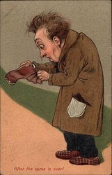 Man Looking at Empty Wallet Postcard