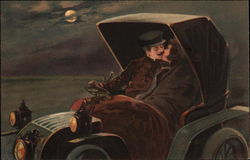 Couple Kissing by Moonlight in Old Fashioned Car Postcard