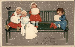 Children with Muffs Sitting on a Snowy Bench Postcard Postcard