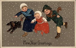 New Year Greetings - Children Skating in Snow Postcard