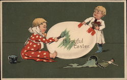 Two Children Painting Easter Egg Postcard