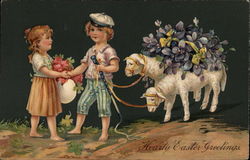 Hearty Easter Greetings - Children with Lambs Postcard