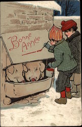 Bonne Annee - Children with Pigs Postcard Postcard