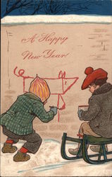 Two Children Painting Graffiti on a Wall Postcard