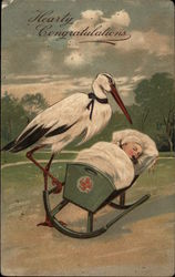 Stork Rocking Baby in Green Cradle Postcard
